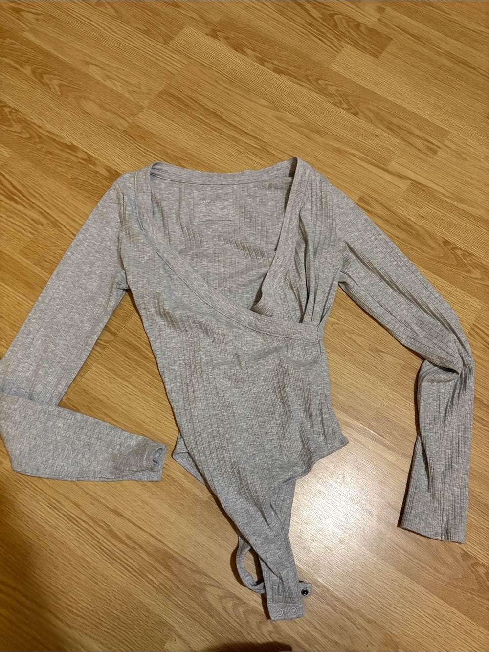 aerie Light Gray Ribbed Wrap-Front Long Sleeve Bodysuit